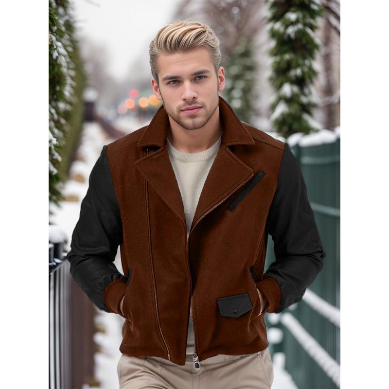 

Новая мужская куртка из искусственной кожи с лацканами из шерстяной ткани, подходящая по цвету, на молнии, пальто S коричневый