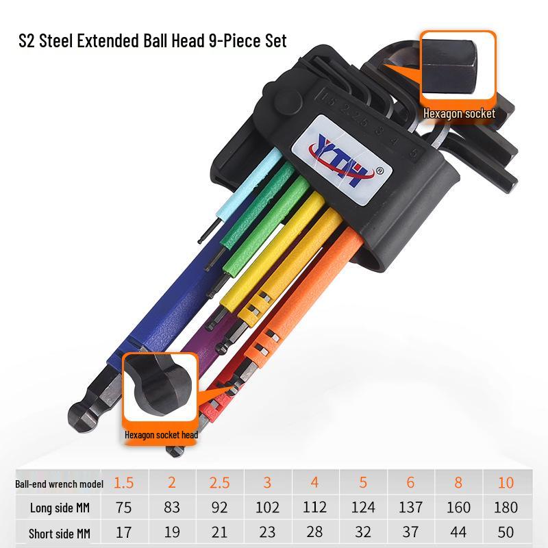 Nine-Piece Metric & Imperial Hex Wrench Set - Flat Extended Ball Head, L-Shaped Design