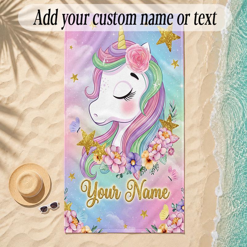 Unicorn Theme Soft Beach Towel Personalized Custom Name Text Towel Portable for Beach Pool Travel