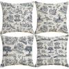 HOSTECCO French Country Toile Throw Pillow Covers 18x18 inches Set of 4 Blue Toile Linen Pillow Cases Vintage Farmhouse Decorative Cushion Covers for