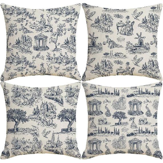 HOSTECCO French Country Toile Throw Pillow Covers 18x18 inches Set of 4 Blue Toile Linen Pillow Cases Vintage Farmhouse Decorative Cushion Covers for