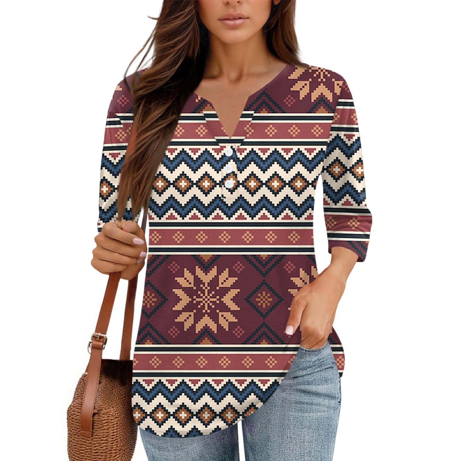 

Women s Floral Print V,Neck Casual Three,Quarter Sleeve Button,Detail Top L