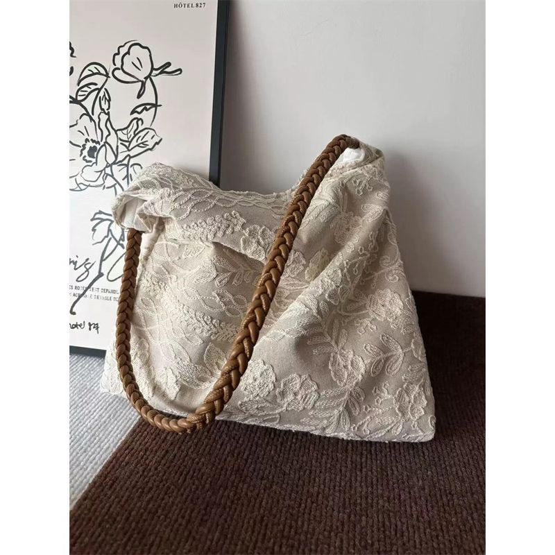 

Винтажная льняная сумка через плечо с вышивкой в виде цветов, женская, модная, легко сочетаемая, большая вместимость, холщовая сумка в новом китайском стиле Beige