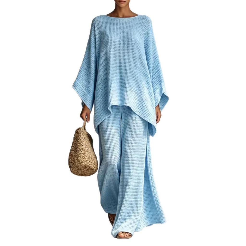European-American Style Women's Loose Waffle Knit Wide-Leg T-Shirt and Pants Set.