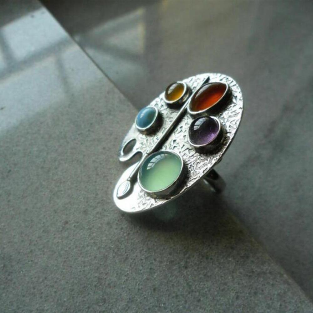 Adjustable Palette Rings Irregular Shape Colored Stones Rings Creative Women Rings  Girls Ladies серебряный