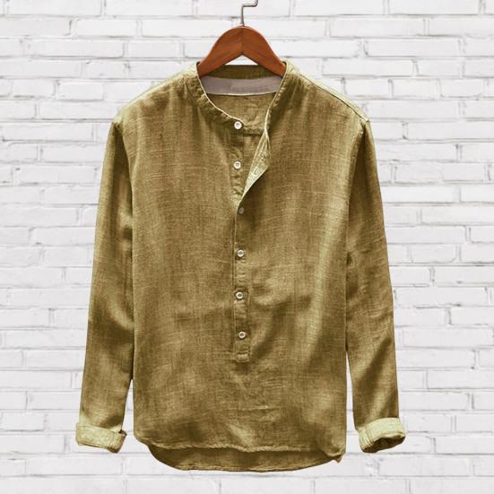 Men Shirt Stand Collar Solid Color Soft Single-breasted Buttons Breathable Long Sleeves Plus Size Casual Wear-resistant Men Tops for Daily Wear