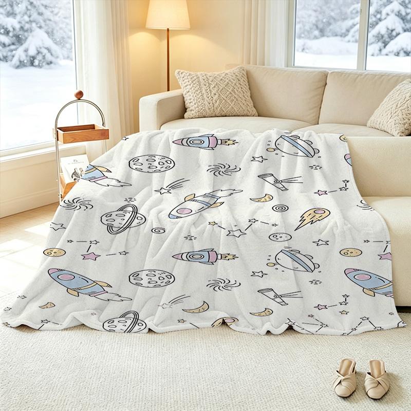 Space Theme Hemmed Flannel Blanket: Soft Warm Cozy Plush Throw for Home, Couch Nap, Halloween & Christmas