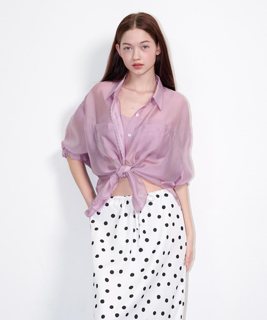 OPENING SUNSHINE See-Through Lace Silky Shirt Pink