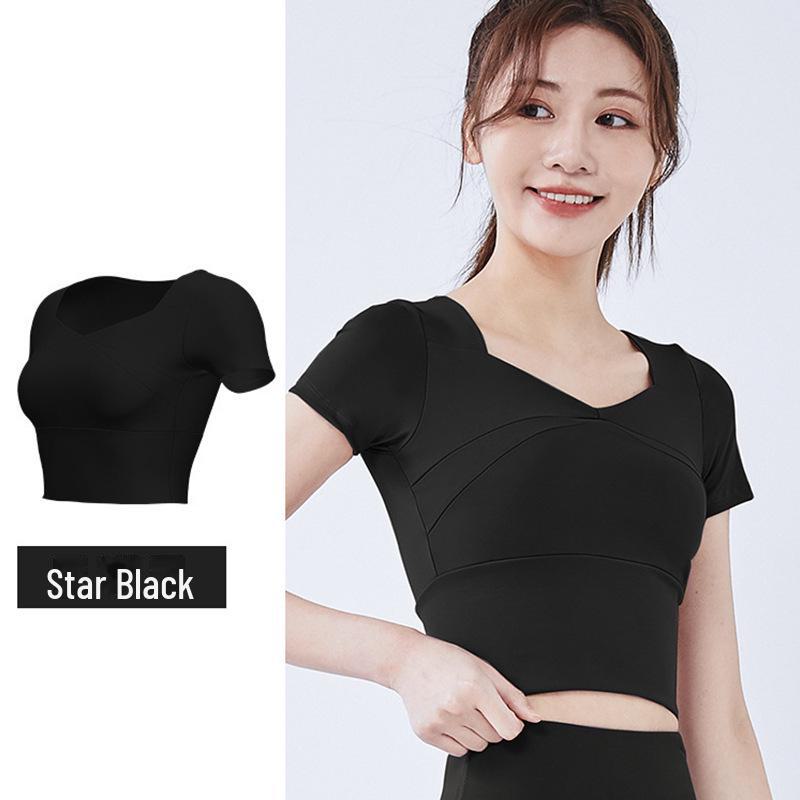 Juyitang Splicing Yoga-Kurzarm-Top mit Brustpolster – Hautfarbenes Slim Fit Fitness-Shirt