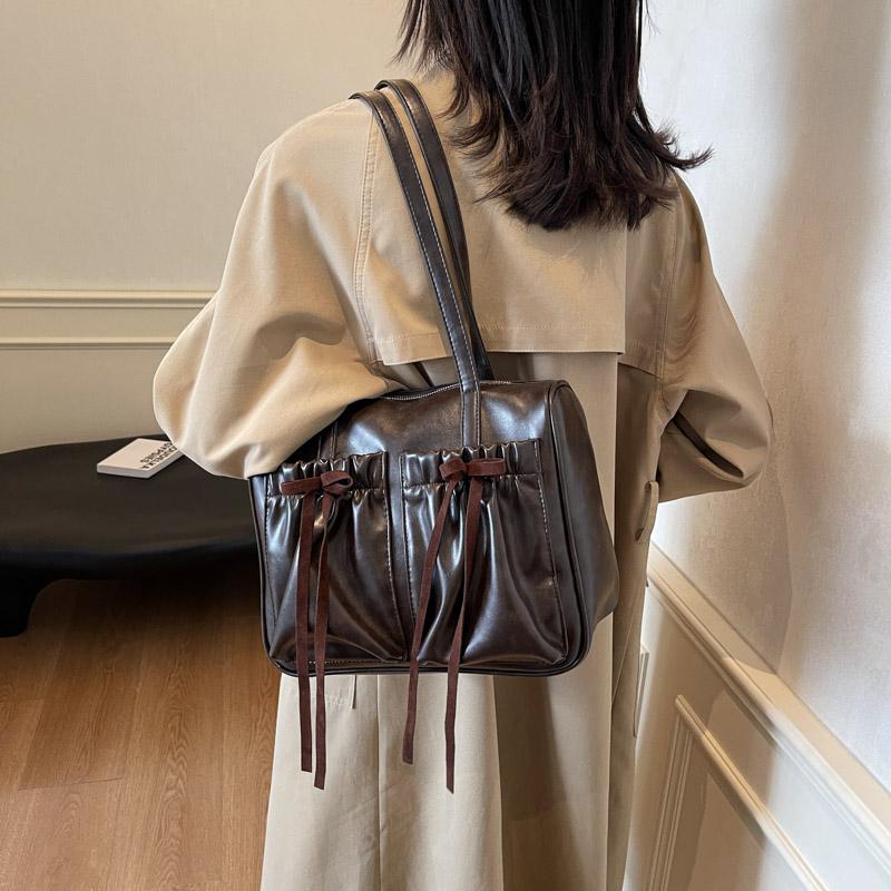Commuter Vintage Underarm Bag Women's Bow Double Pocket Tote Bag Large Capacity Shoulder Bag