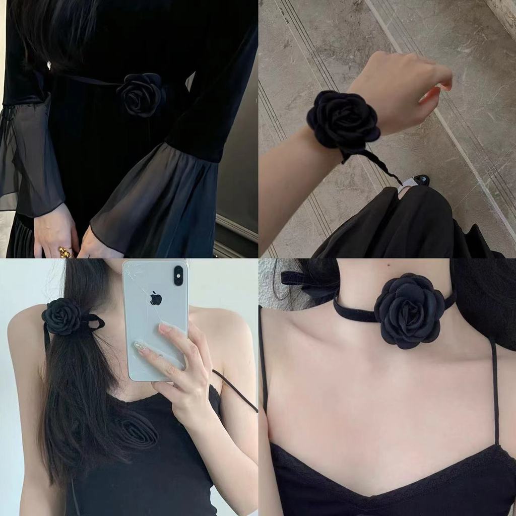 French Black Rose Waist Chain For Women With Metal Chain And Adjustable Strap For Elegant Dress Accessory