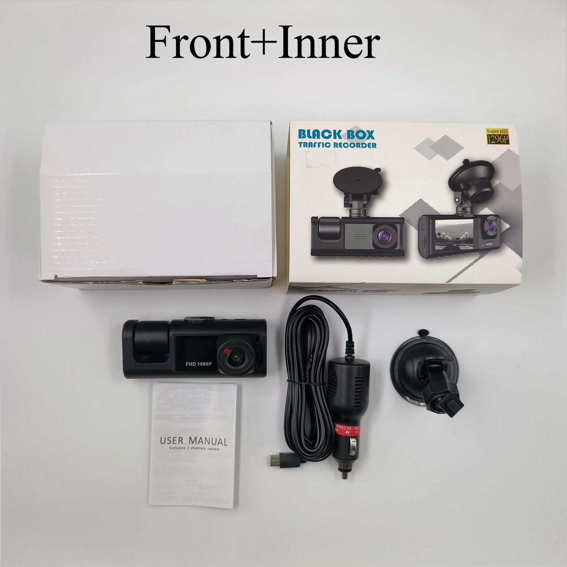 

Регистратор вождения, ночное видение высокой четкости, 1080P, передняя, ​​внутренняя, задняя 2-дюймовая автомобильная камера с тремя объективами Front+Inner