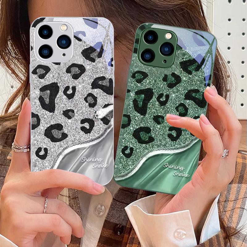 Leopard Sequin Snake For IPhone 16 Pro Max 15 Pro 14 13 12 Mini 11 XS Max XR 7 8 Plu SE 2022 Tempered Glass Phone Case