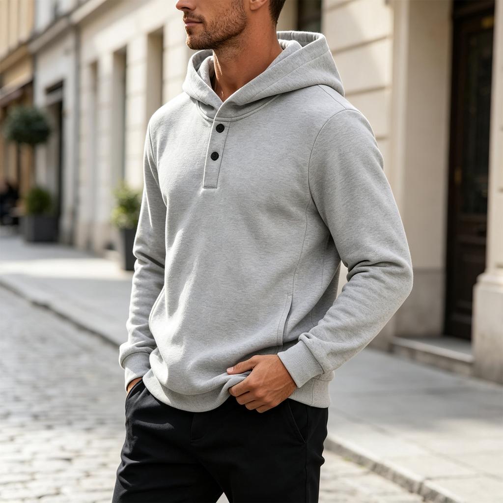 Men's Hoodie with Button Collar Casual Pullover Sweatshirt for Spring and Fall