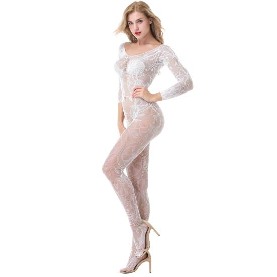 Sexy Flower Long Sleeves One-piece Mesh Tights Hollow Out Stockings Underwear