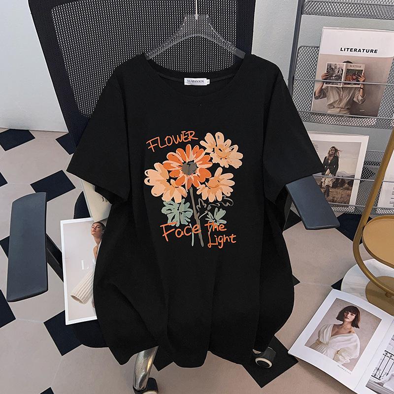 Plus Size Loose Fit Mid-Length Round Neck T-Shirt for Women (Short-Sleeve, Slimming, Belly Covering, Available In Sizes 200/300/350 Jin)