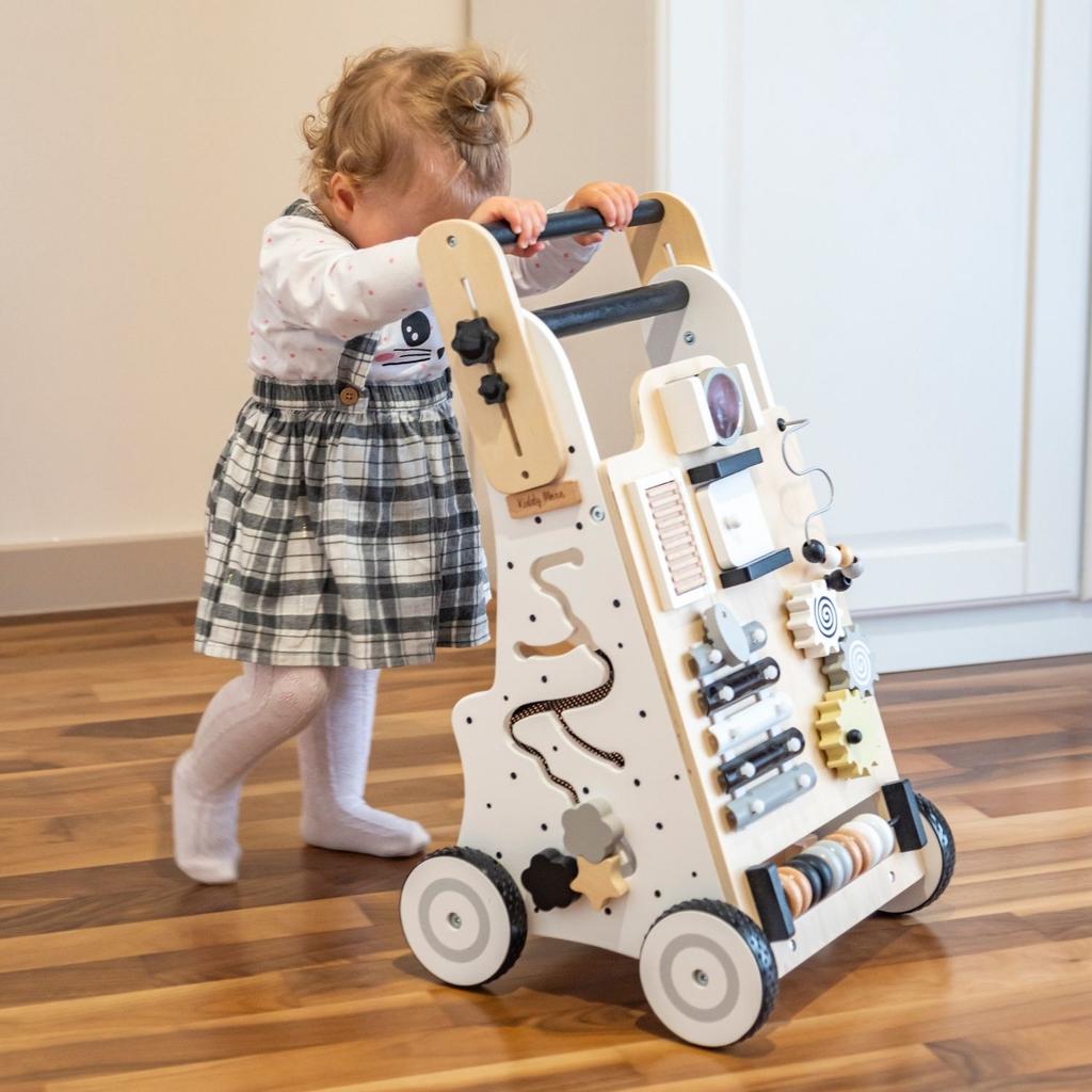 KiddyMoon Wooden Baby Walker Interactive Educational Toy for Children Push-along Toy for Babies Wk-001, Black - White