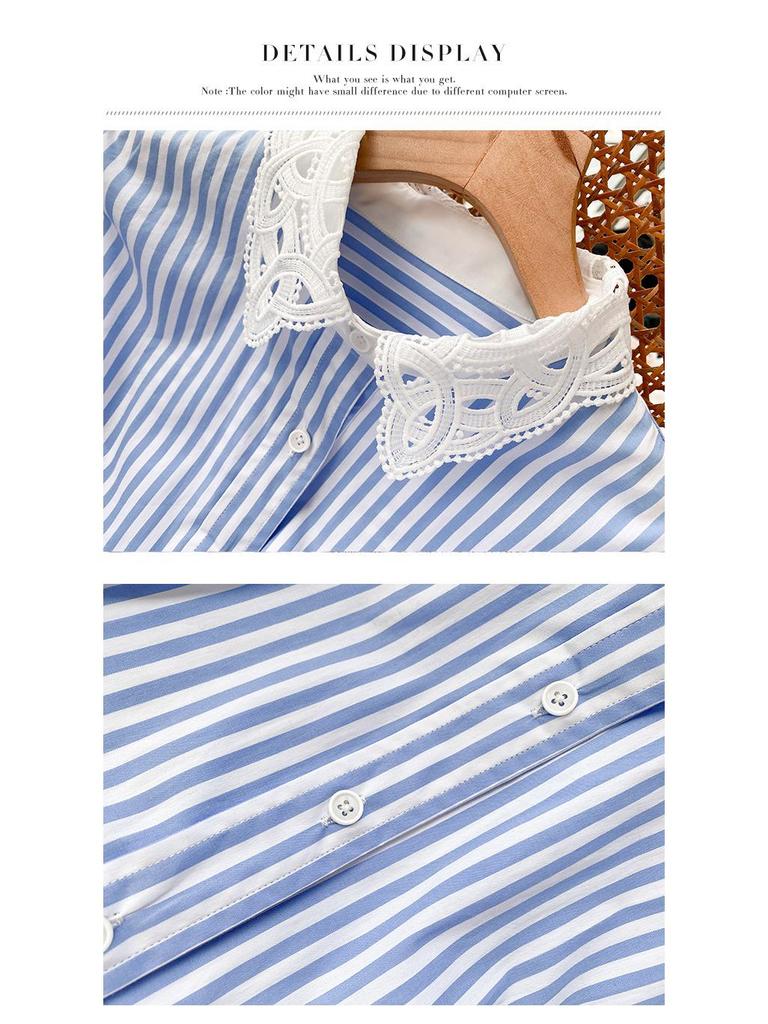 Women's Long Sleeve French Cotton Autumn Shirt - Blue & White Striped Socialite Style Top