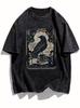 Vintage Gothic Rabe Print T-Shirt Unisex Gewaschenes Schwarz Rundhalsausschnitt Oversized Tee Y2K Streetwear Kurzarm für den täglichen Gebrauch