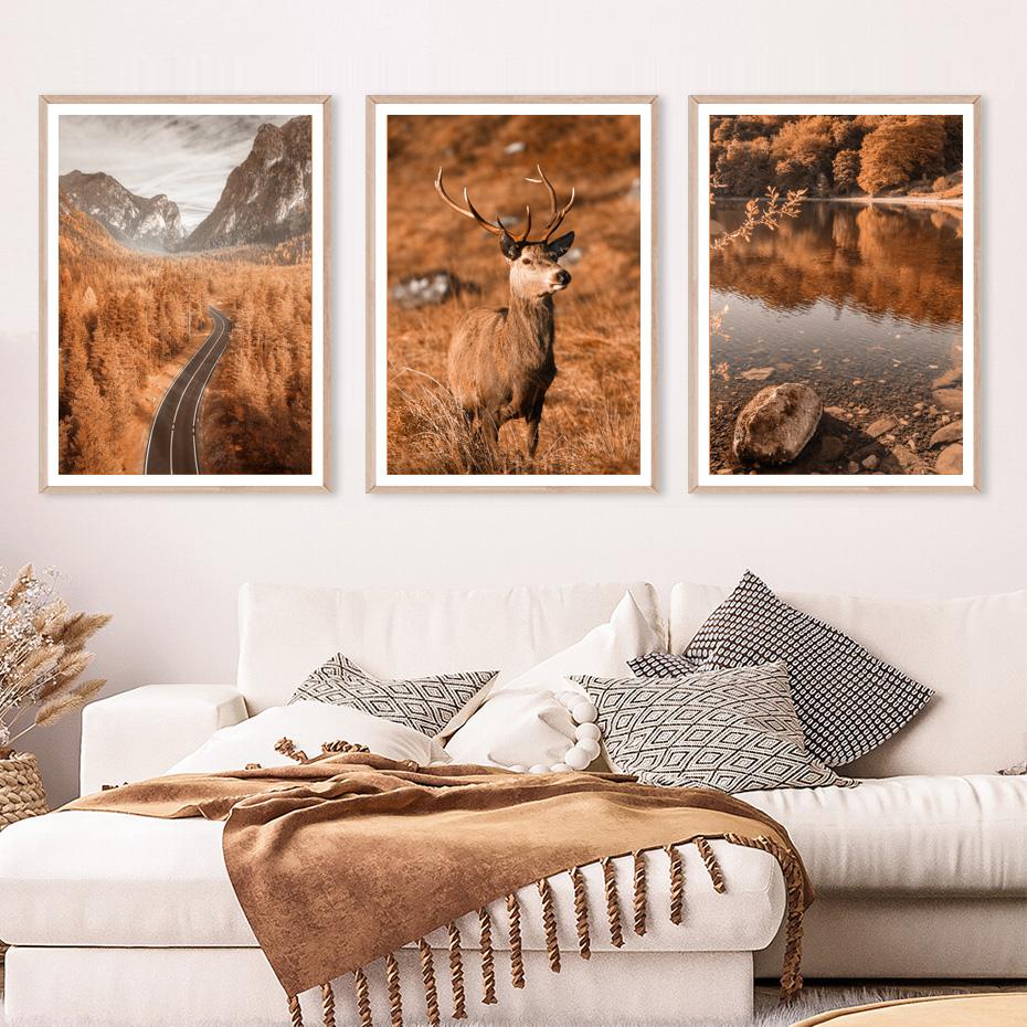 Autumn Mountain Road Lake Deer Forest Leaves Wall Art Print Canvas Painting Nordic Poster Wall Pictures For Living Room Decor