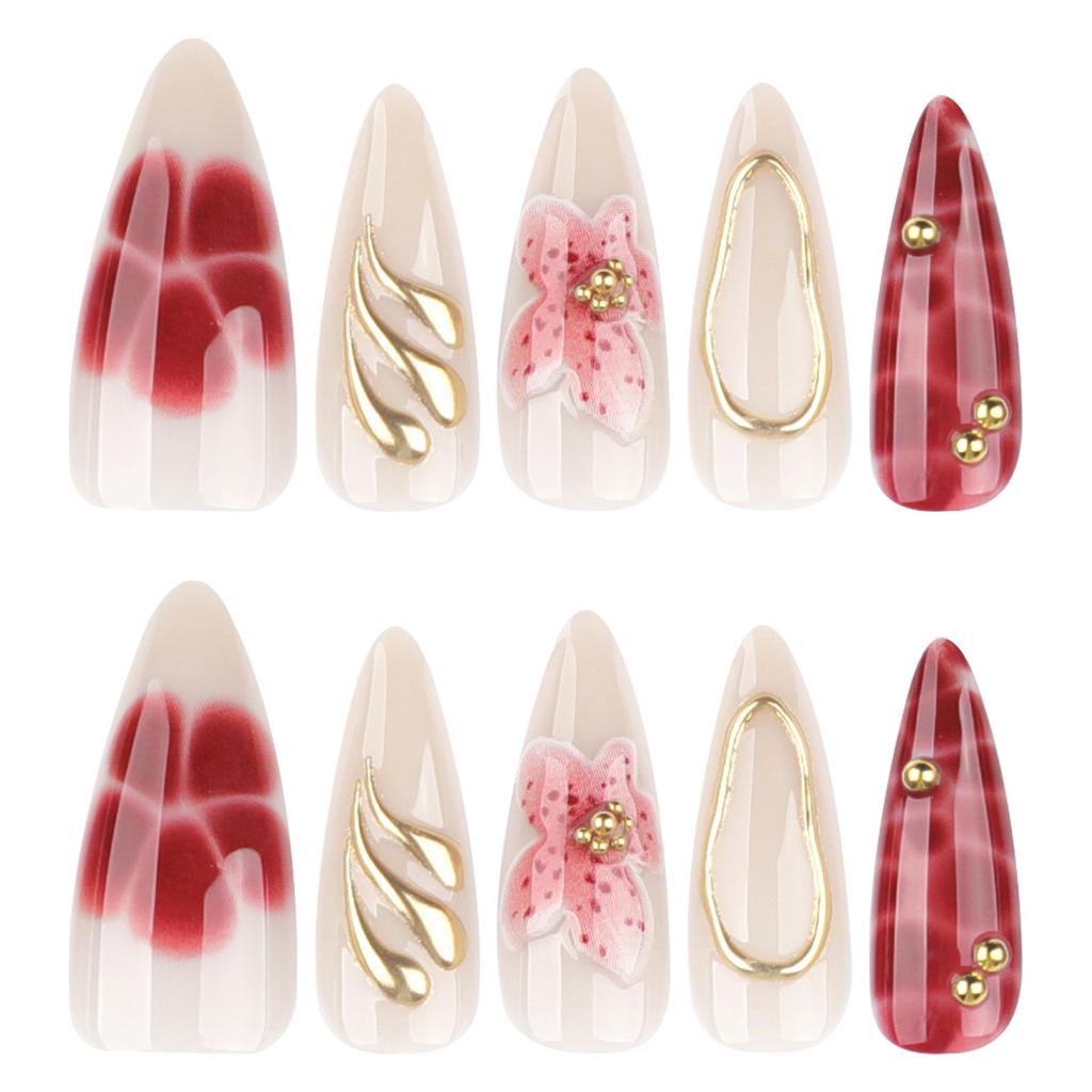 3D Floral Nail Art: Long Almond-Shaped Wearable Nails with Petal Design