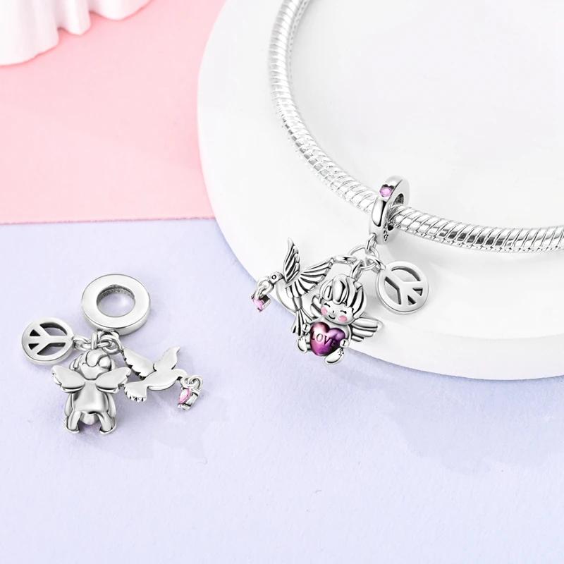 Charm Plata Love And Peace Dove Angel Heart Bead Fits Genuine Bracelet Charm For Women Jewellery DoItYourself Crafting Gift