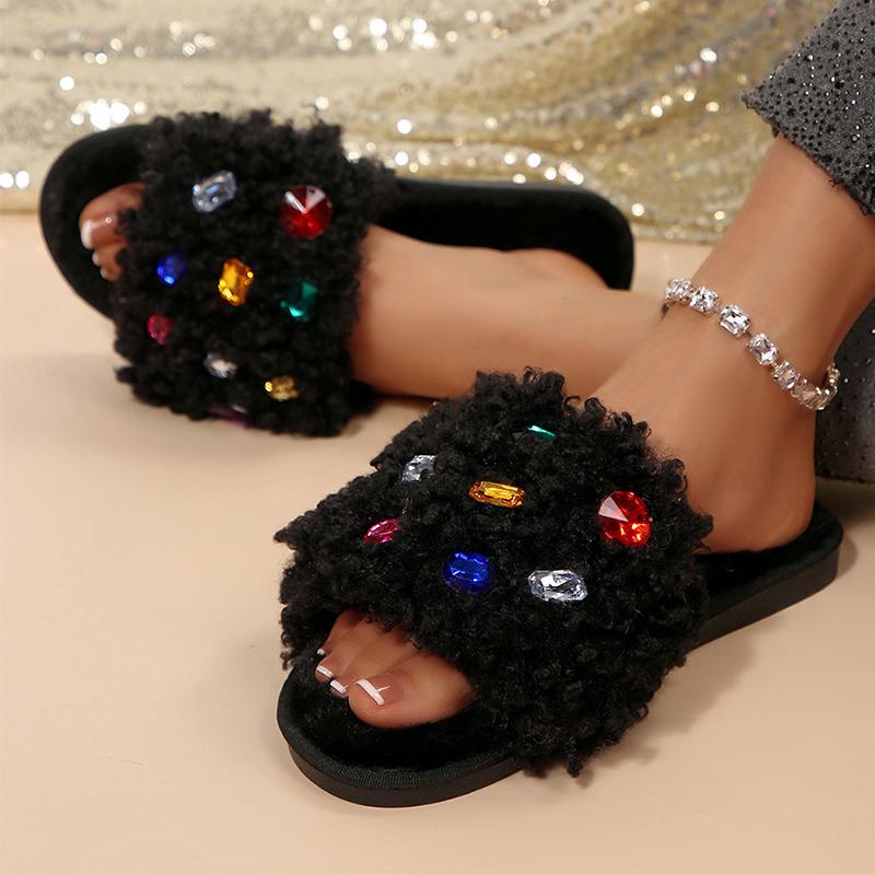 Fashion Fashion Rhinestone Cotton Slippers Women Light Flat Heel Slippers Woman Autumn Winter Indoor Anti Slip Plush Slides Female