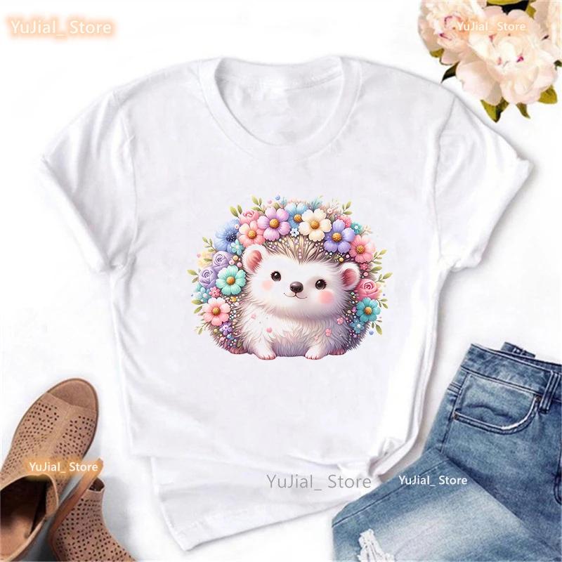 Kawaii Hedgehog Printed T Shirt Girls Summer Fashion Tops Tee Shirt Femme Funny White Tshirt Unisex Harajuku Shirt