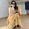 Yellow Ruffle Leaf Edge Floral Suspender Dress Women's Summer Seaside Vacation French Super Fairy Backless Beach Fishtail Dress