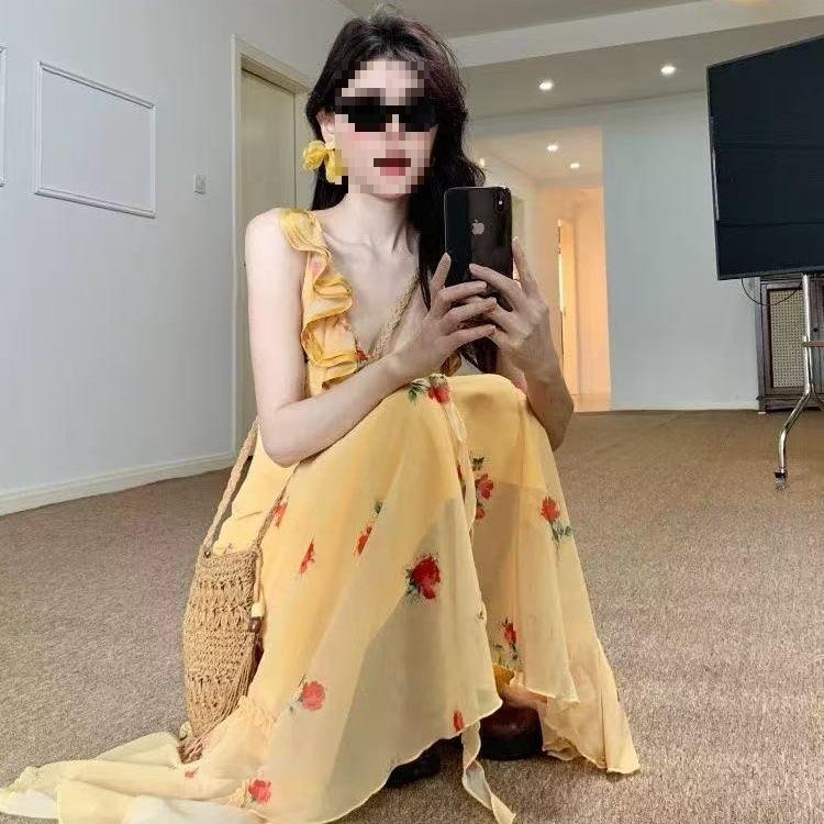 Yellow Ruffle Leaf Edge Floral Suspender Dress Women's Summer Seaside Vacation French Super Fairy Backless Beach Fishtail Dress
