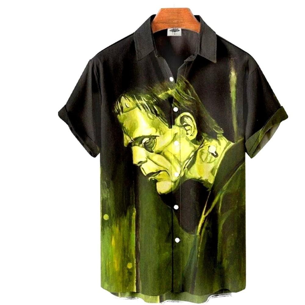 Classic Horror Movie Frankenstein Halloween Print Unisex Buttoned Hawaiian Shirt Unisex T-Shirt L