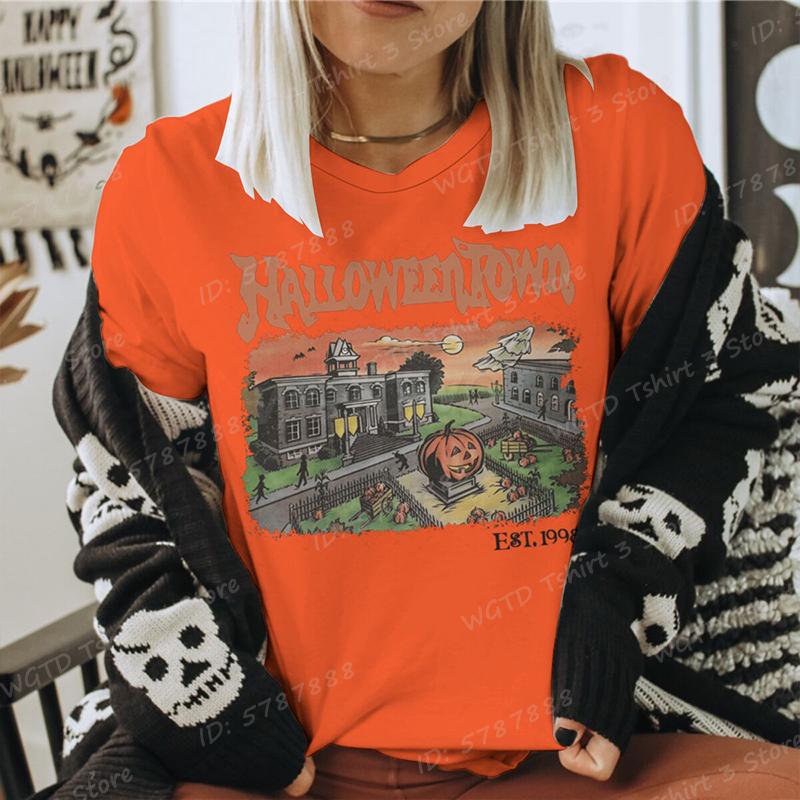 Funny Halloween Skeleton  Pumpkin Letter Print Tshirts Trendy Casual Short Sleeve Crew Neck Tees Tops Womens Clothing