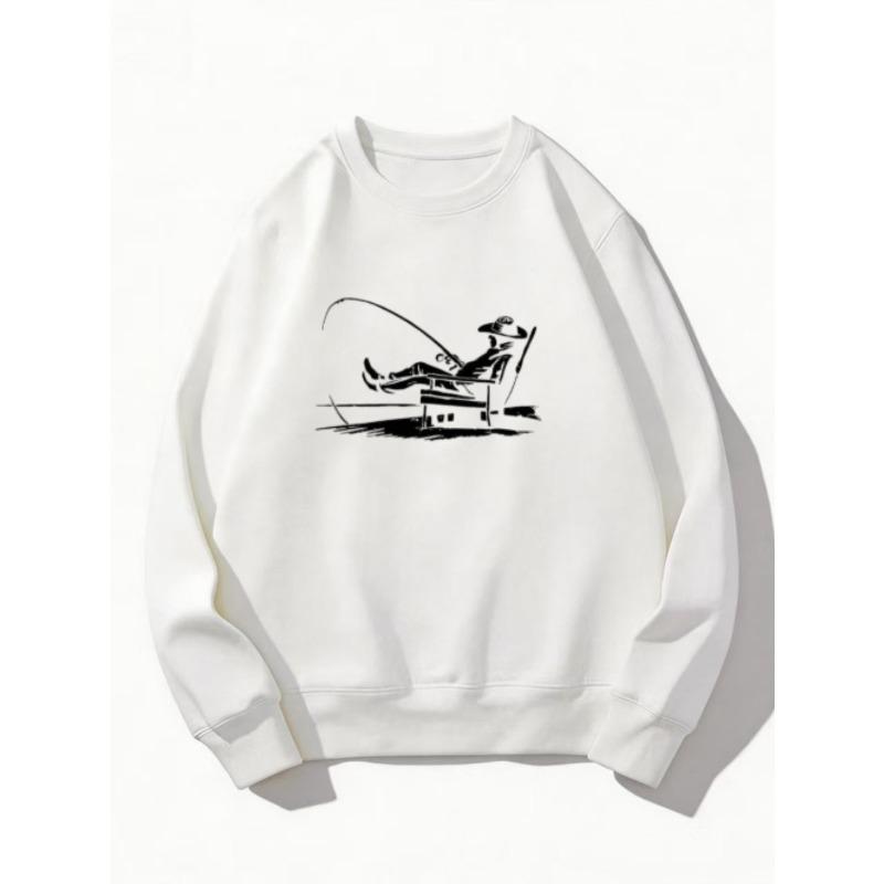 Spring Fall Casual Sweatshirt, Vintage Lazy Fisherman Graphic Print Soft Loose Crew Neck Pullover for Men Street Daily Outdoor Wear