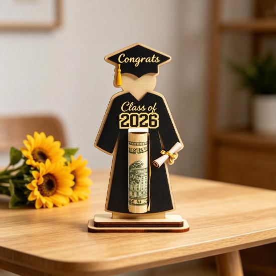 Graduate Cap and Gown Wallet Holder Bachelor's Uniform Solid Wood Cash Shape Cash Holder with Class