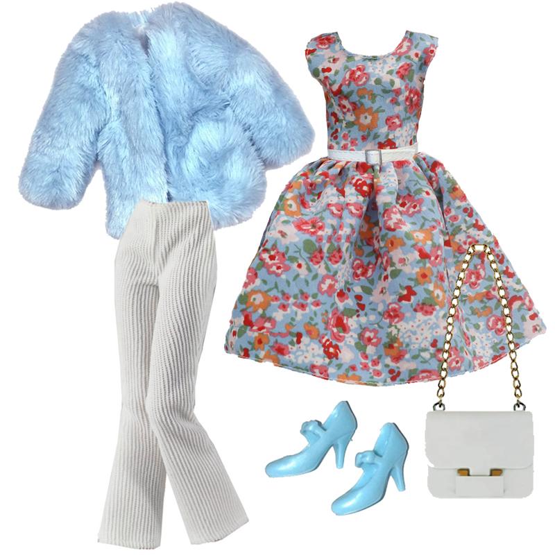1/6 Doll Clothes Fashion Mix Blue Fur Coat Style for 12 inch Fashion Doll Outfits Set Handmade 30cm Doll Clothing Accessories