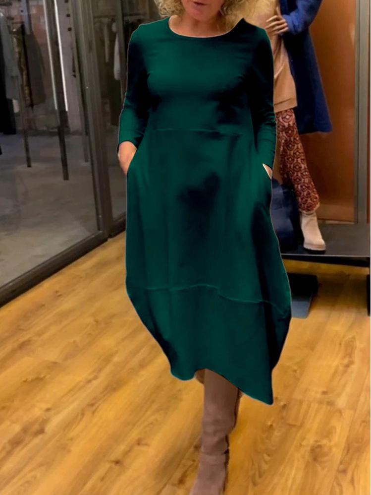 Vestido de Otoño/Invierno 2024 Moda Europea y Americana Color Sólido Manga Larga Cuello Redondo para Mujer