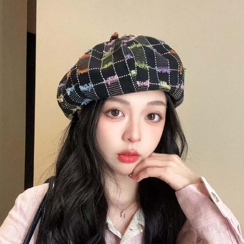 Dopamine color plaid forward hat cute graffiti personality beret fashion versatile literary painter hat