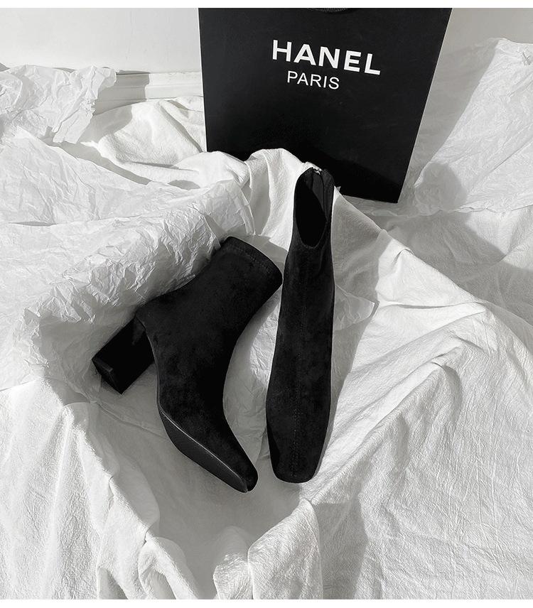 Hnědé krátké boty dámské vysoké podpatky podzim a zima nové semišové zadní zip francouzské malé kotníkové boty silný podpatek elastické čtvercová špička tenké boty