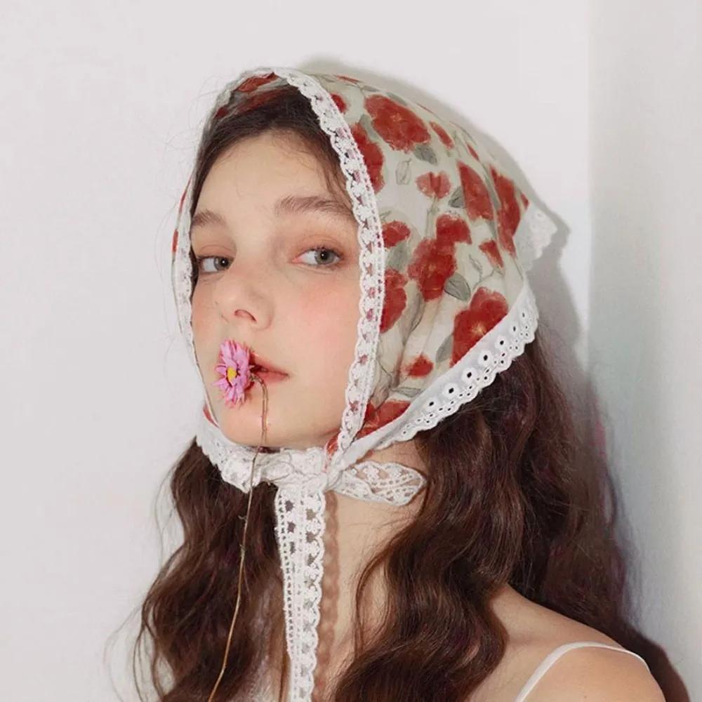 Camelina Hair Bandana / Flower Lace Custard Bandana Scarf Bonnet