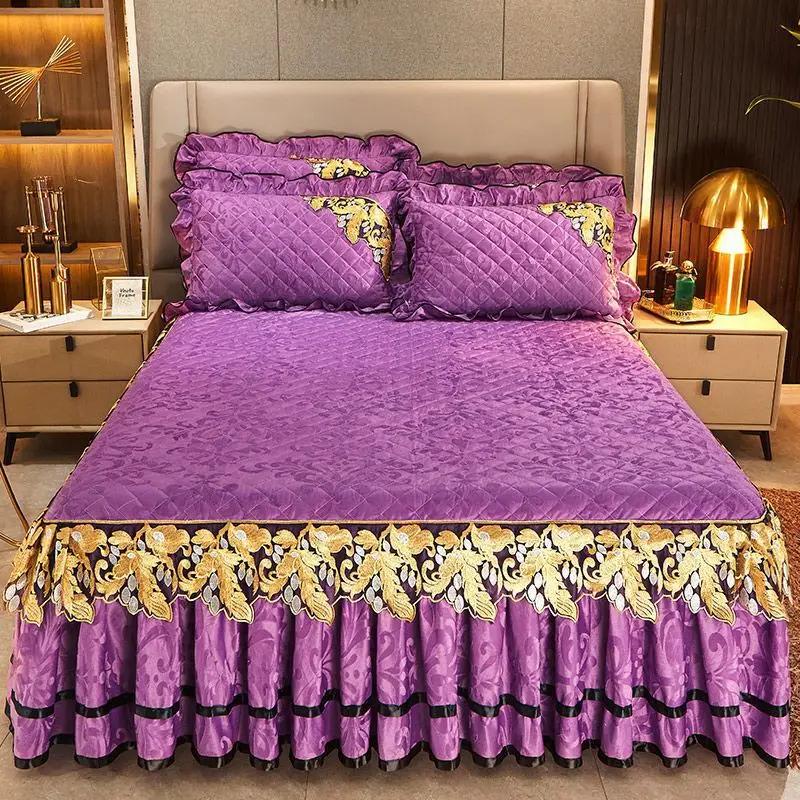 R Samt Verdicken Tagesdecke Luxus Bettrock Stil Bettlaken Spitze Stickerei Baumwolle Gesteppt Matratzenschoner
