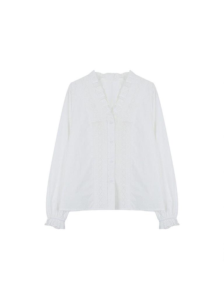 Ge Ming French Retro V-neck Lace Long Sleeve White Shirt for Women - Spring Collection Y1626F