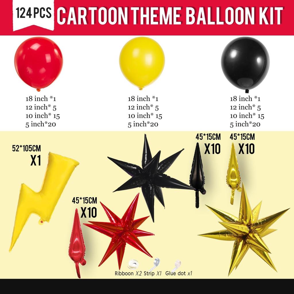 Red black yellow balloon garland kit 124pcs with large lightining Starburst mylar balloons for Carnival Cartoon theme Race Car Party Theme birthday