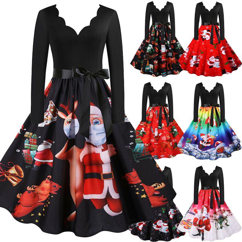 Elegant Santa Claus Print V Neck Christmas Dress For Women In Festive Red And Black