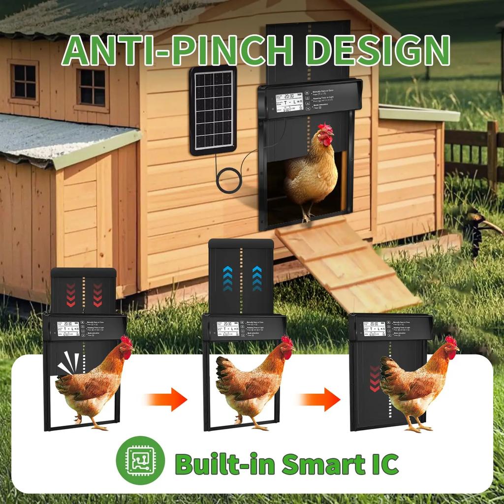 Automatic Chicken Coop Door Solar Powered with LCD Display, Automatic Chicken Door with Timer & Light Sensor - Remote Control
