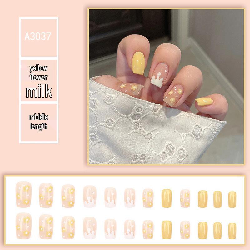 

Желтый в горошек, коровье молоко, средней длины, носимые наклейки для нейл-арта - Простые, свежие, маленького размера, накладные ногти, европейский стиль