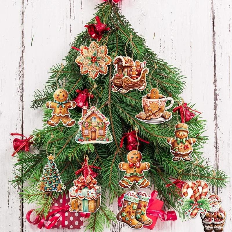 12Pcs Christmas Gingerbread Man Ornaments Mini Paper Gingerman Hanging Pendant Xmas Tree Decorations Childen New Year Gifts