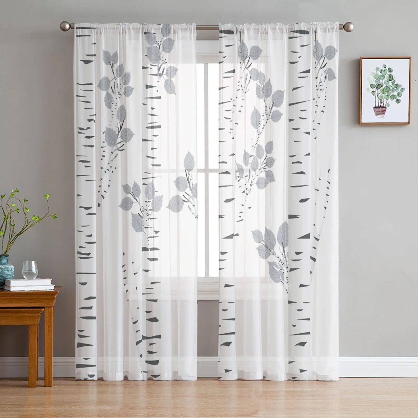 

Сіро-білі гілки дерев Прозорі штори для вітальні Сучасна вуаль Штори Спальня Тюль Штори Віконні штори Декор W135 x H244cm x2