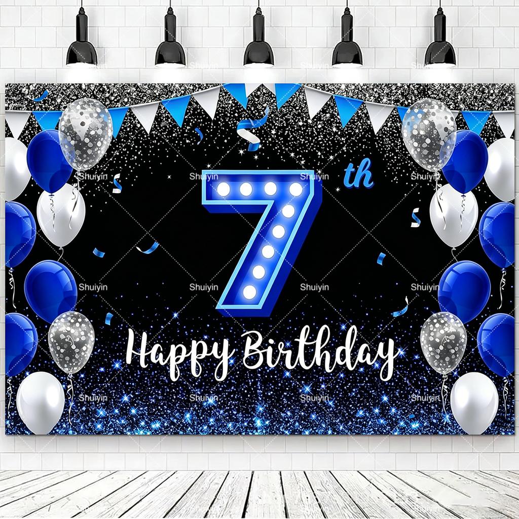 2D Happy Birthday Backdrop Black Blue Balloon Customized Age Kids Adults 18th 20th 30th 40th Birthday Decorations Party Supplies