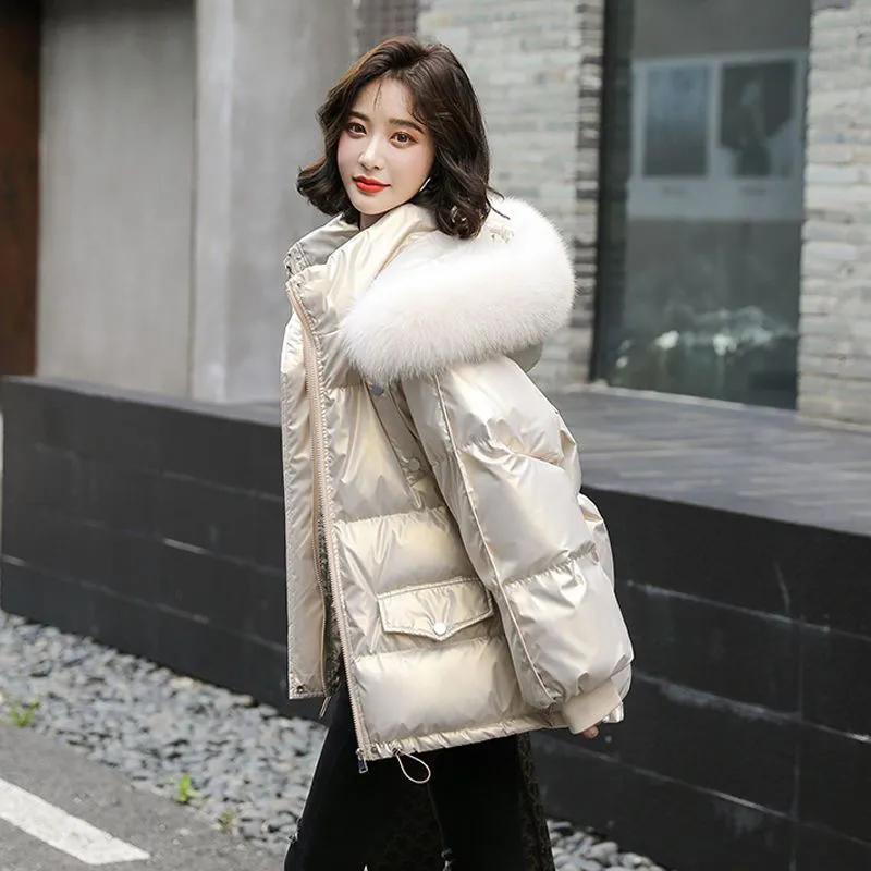 Women's Winter Warm Duck Down Jacket Clothes Glossy Fur Collar Thicken Parka Short Down Coat