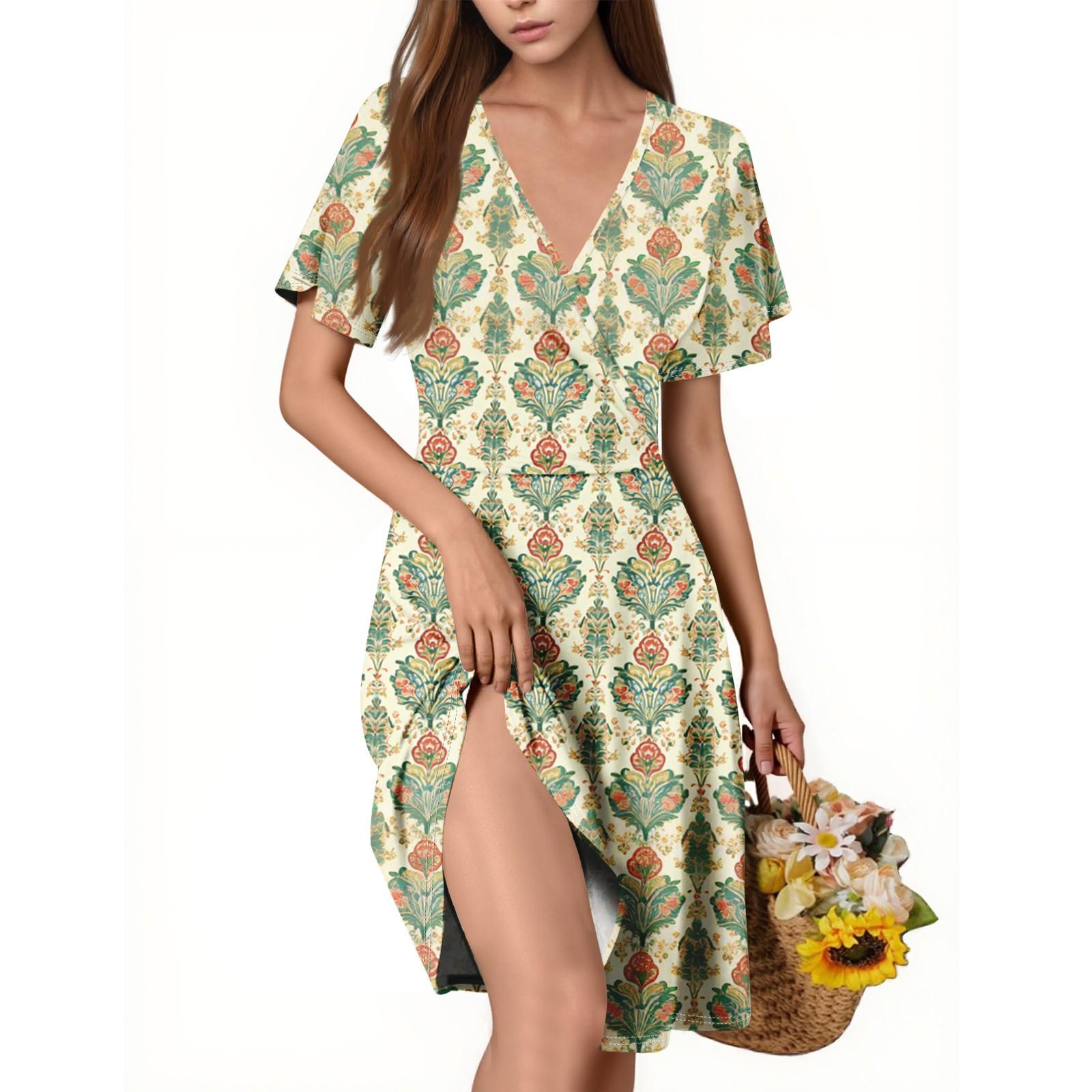 

Женское повседневное модное платье с V-образным вырезом и коротким рукавом с принтом XXL